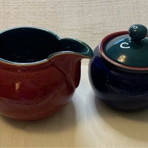 Denby Handcrafted Ceramic Creamer and Sugar Set - Speckled Red and Deep Blue